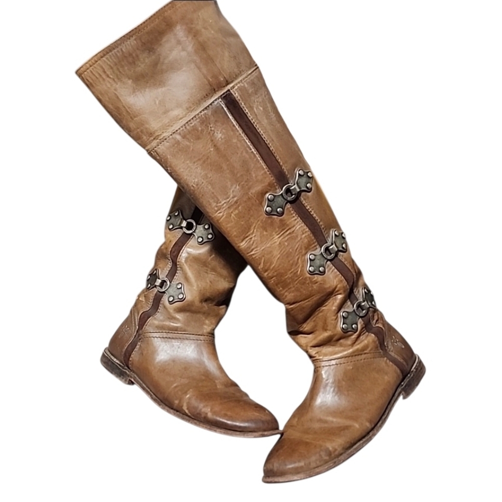 FRYE VINTAGE Chestnut Leather Tall Riding Boots 6.5 Harness Buckle OTK Moto - Picture 5 of 16
